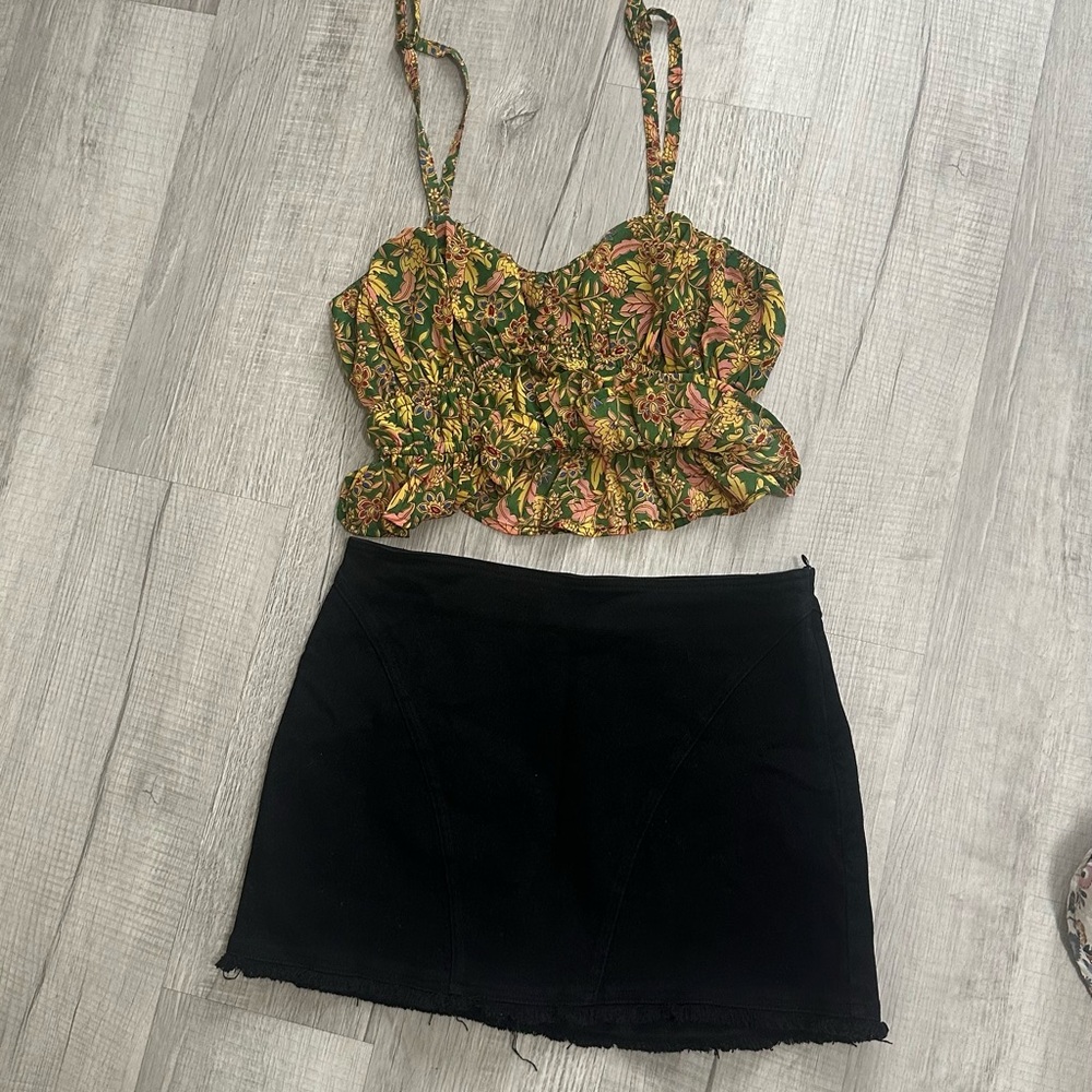 Floral Bustier Top and Black Skirt Set